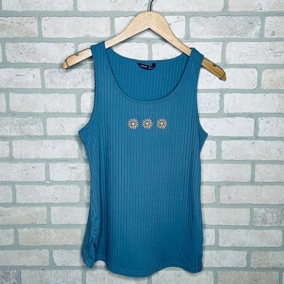 Blue Maternity Tank Top with Embroderied Flowers - Picture 1 of 6